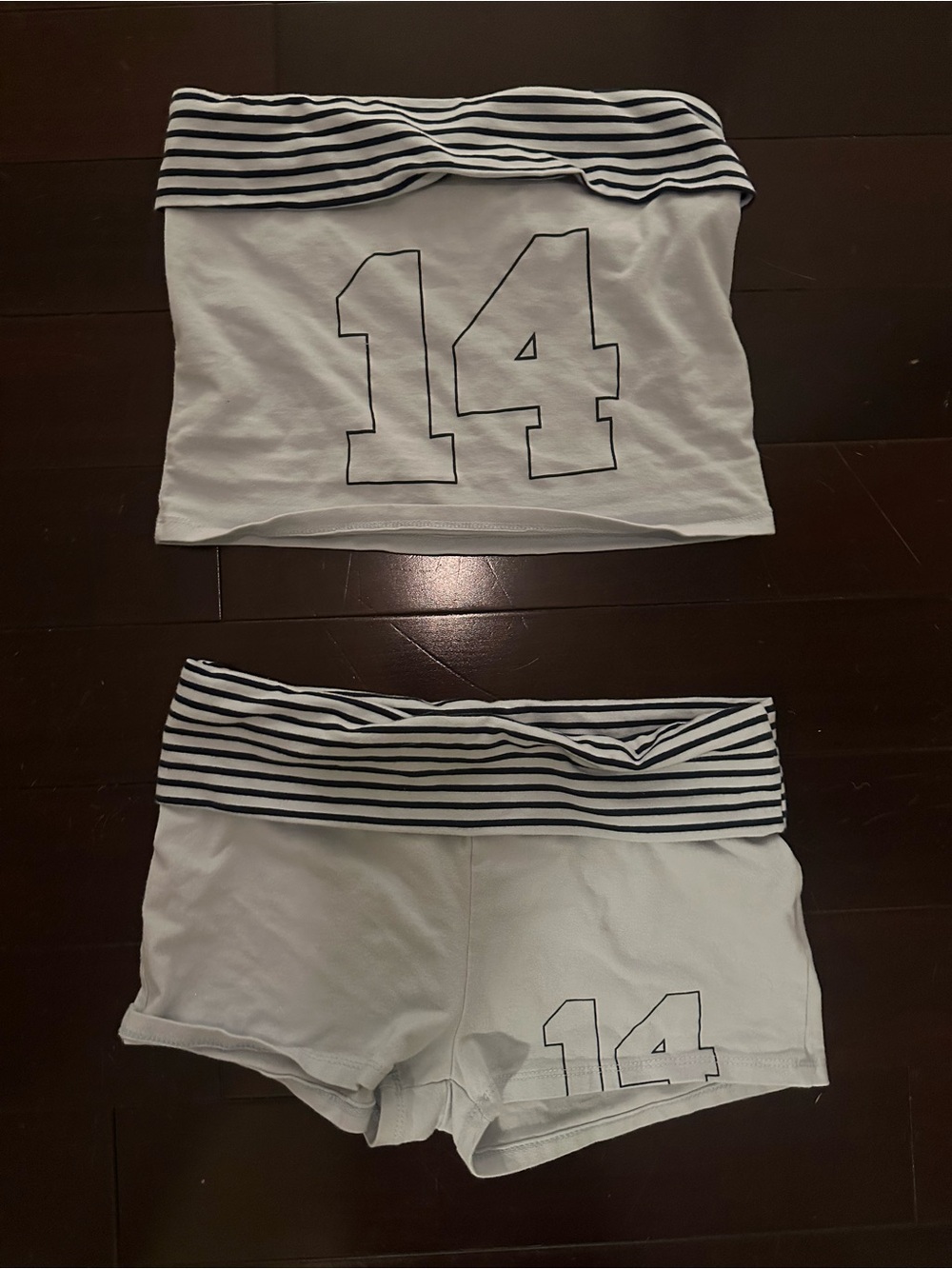White Stripe-Waist Shorts Set with Number 14